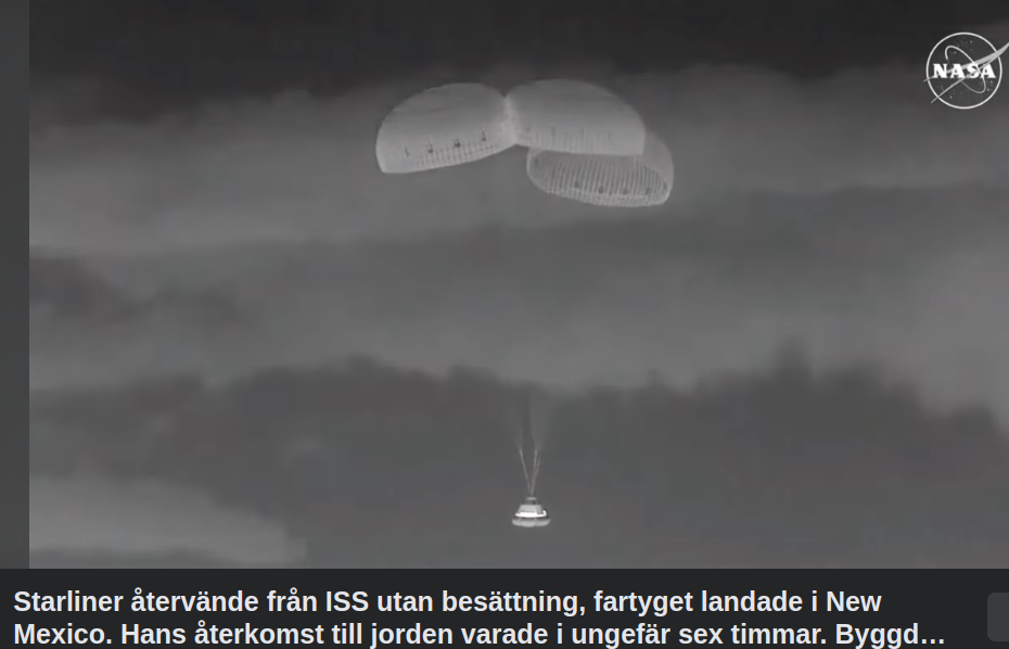 Boeings Starliner Åter Till Jorden Utan Besättning