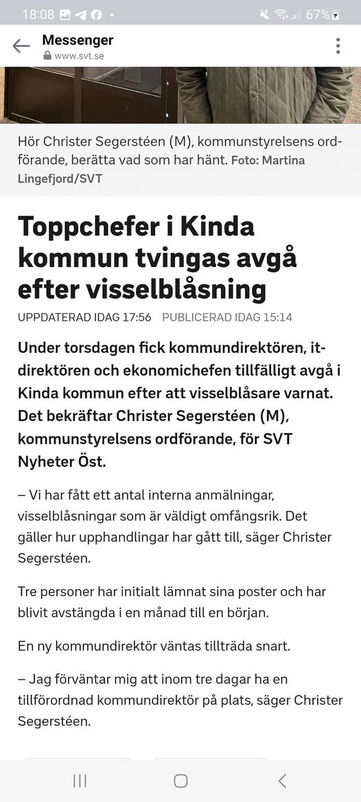 Tillfälliga Toppchefsavgångar I Kinda Kommun Efter Visselblåsande