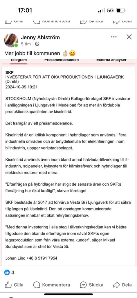 SKF Investerar För Produktionsökning I Ljungaverk