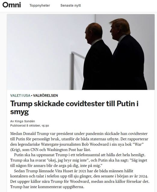 Trump Skickade Hemliga Covidtester Till Putin Enligt Woodward