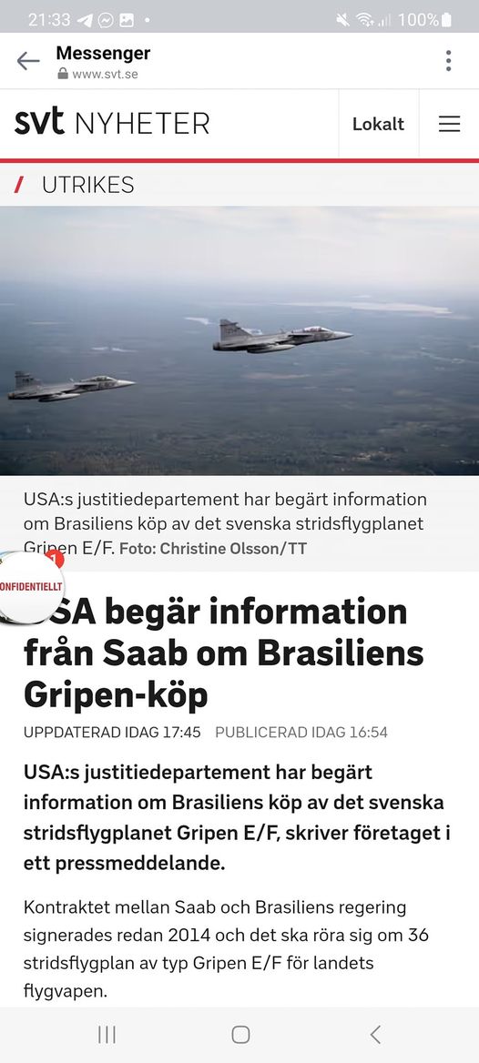 DoJ Begär Information Angående Brasiliens Gripen-Köp