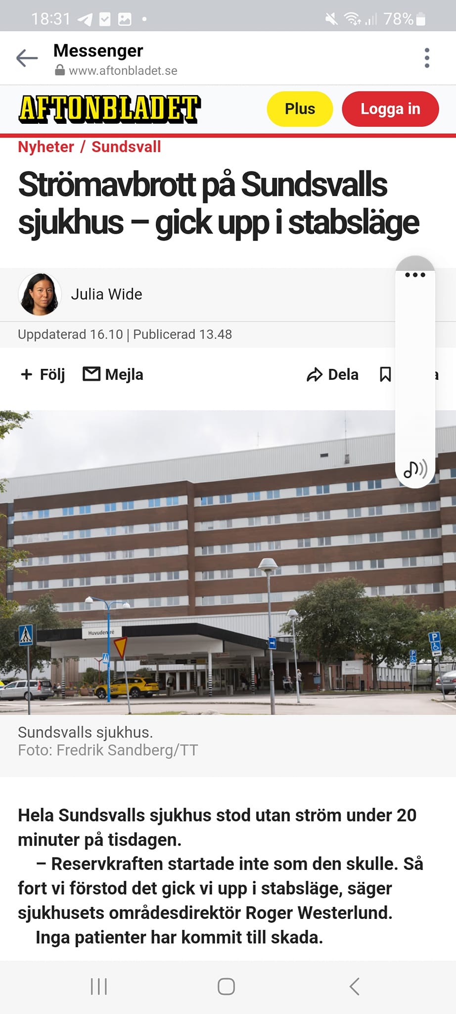 Sundsvalls Sjukhus I Stabsläge Efter Strömavbrott