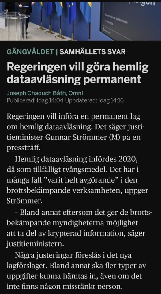 Regeringsönskan Om Permanent Hemlig Dataavläsning