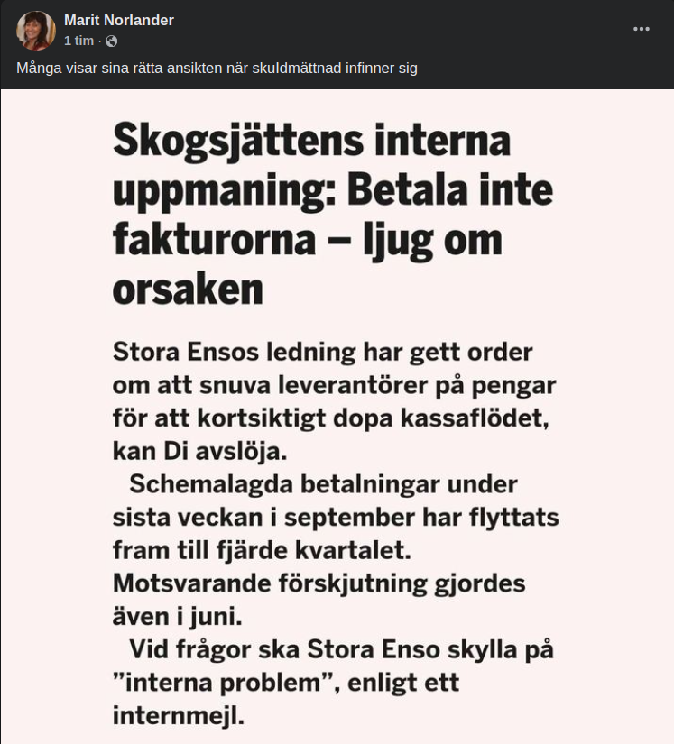 Stora Enso Fördröjer Fakturabetalningar