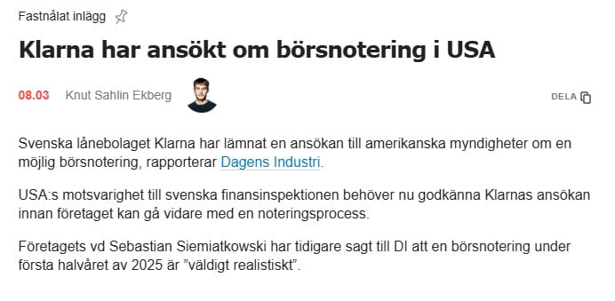 Klarna Ansöker Om Amerikansk Börsnotering