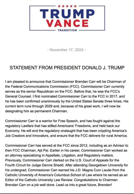 Brendan Carr Ordförande För FCC - Federal Communications Commission