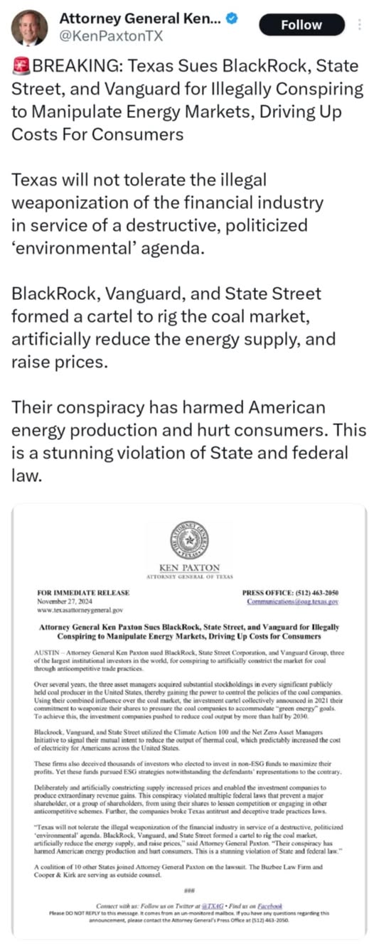 Texas Stämmer BlackRock, State Street & Vanguard För Energimarknadsmanipulering