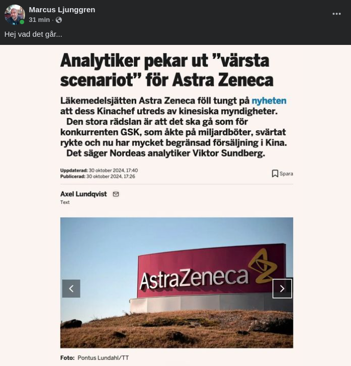 Astra Zeneca Faller Tungt Efter Kinesiskt Påbörjad Utredning