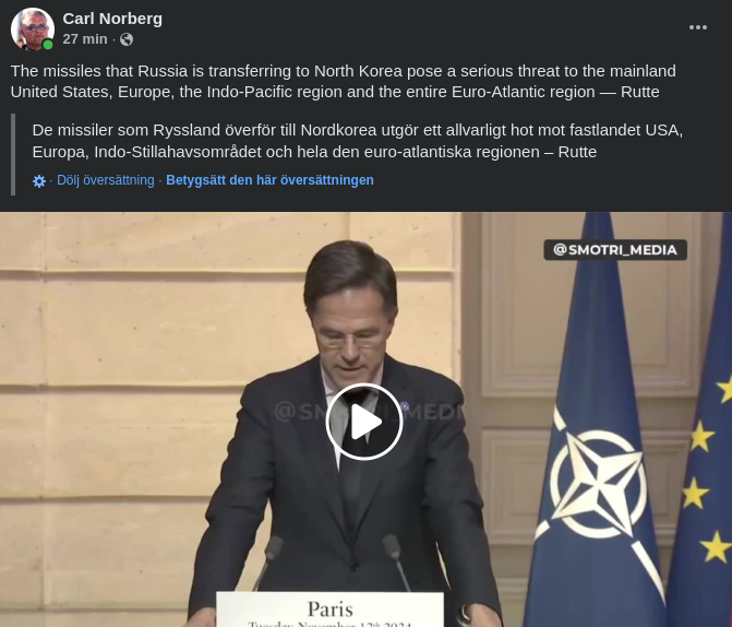 Rutte Om Allvarligt Hotande Ryska Missiler Till Nordkorea