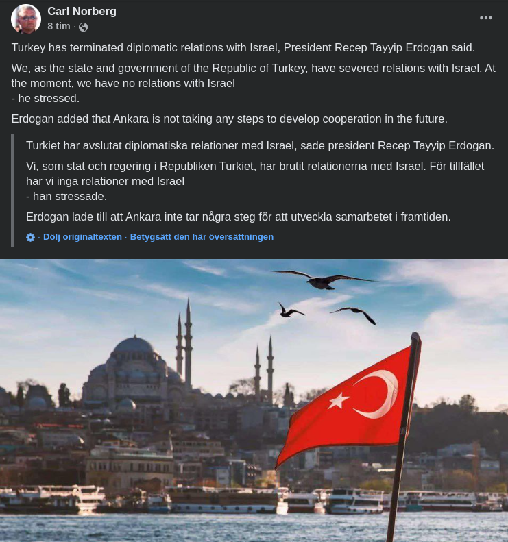 Avslutade Diplomatiska Kontakter Mellan Turkiet & Israel