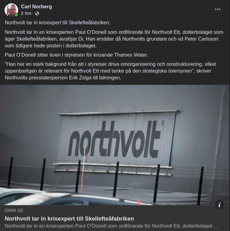 Krisexpert Blir Ordförande För Northvolt Ett