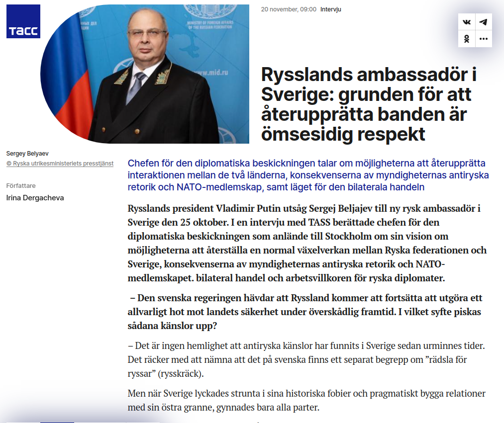 Rysslands Nya Ambassadör I Sverige
