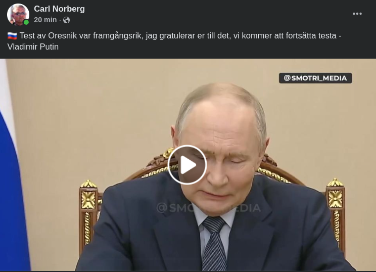 Putin: Oreshnik-Testet Framgångsrikt