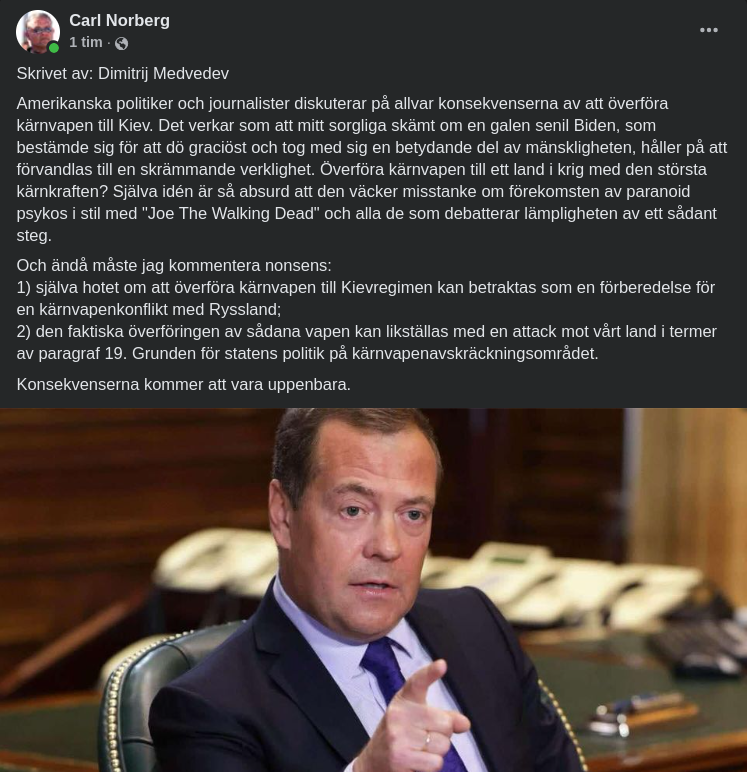 Medvedev Om Kärnvapenöverföring Till Ukraina