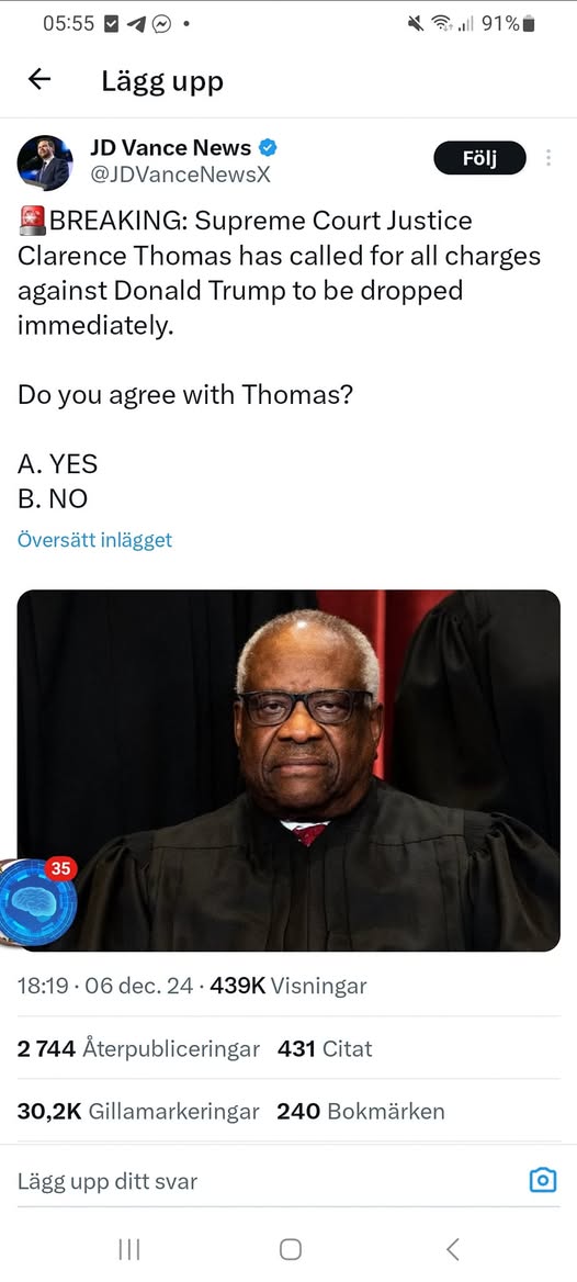 Clarence Thomas Vill Se Alla Åtal Mot Trump Nedlagda