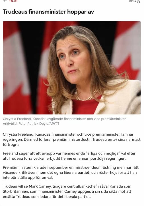 Freeland Lämnar Kanadas Regering