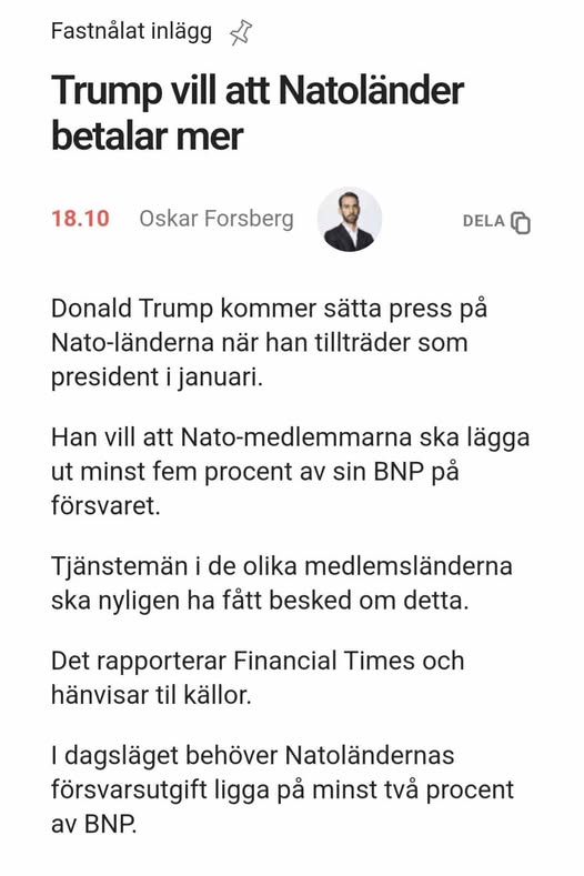 Trump Vill Se Minst 5% Av Natos BNP Till Försvaret