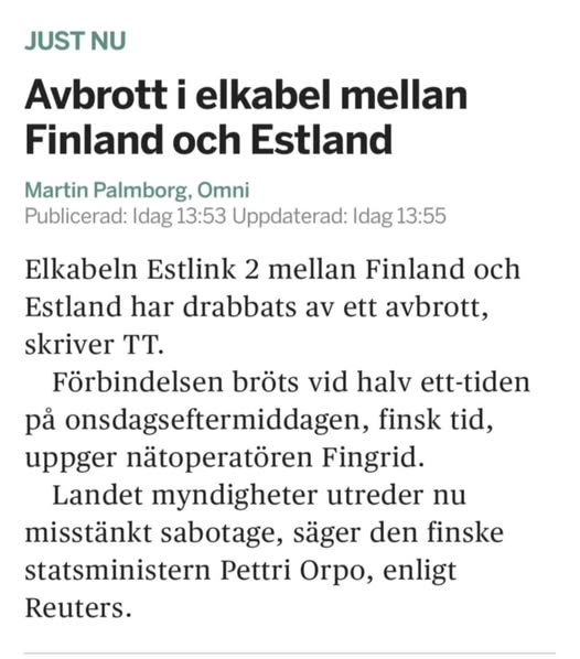 Kabelbrott Mellan Finland & Estland