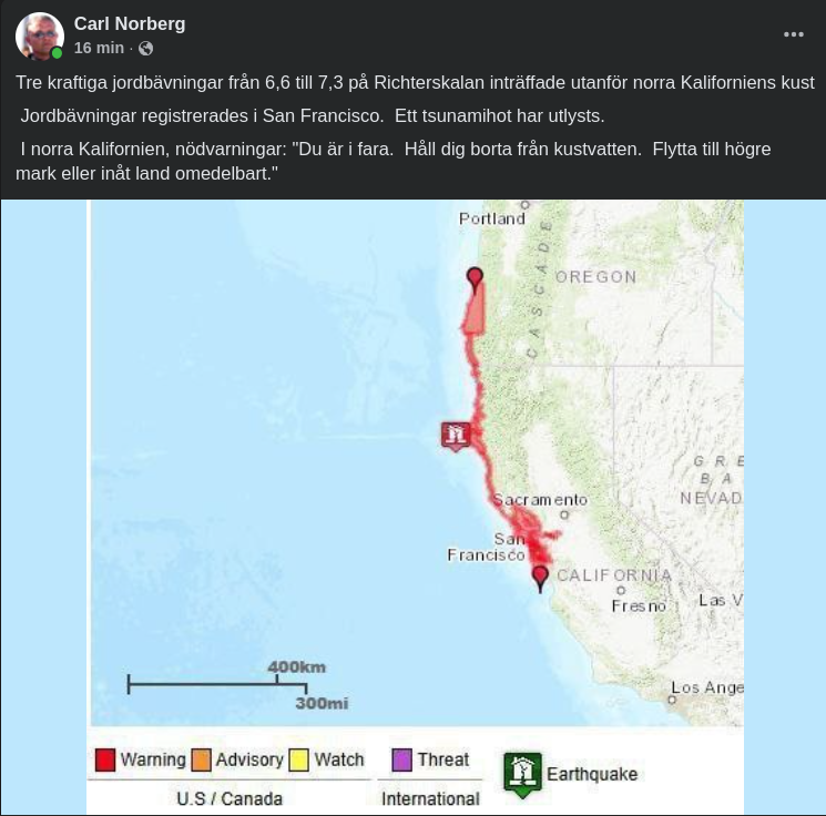 Tre Jordbävningar Utanför Kaliforniens Kust