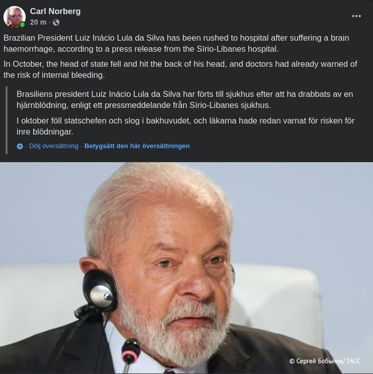 Lula da Silvia Till Sjukhus Efter Hjärnblödning