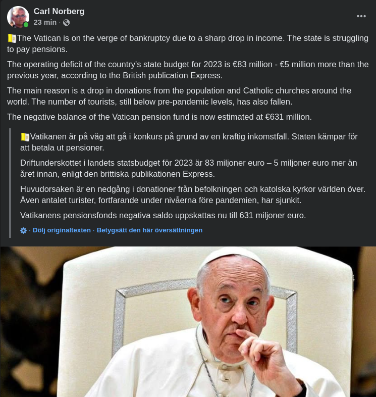 Vatikanen På Gränsen Till Bankrutt