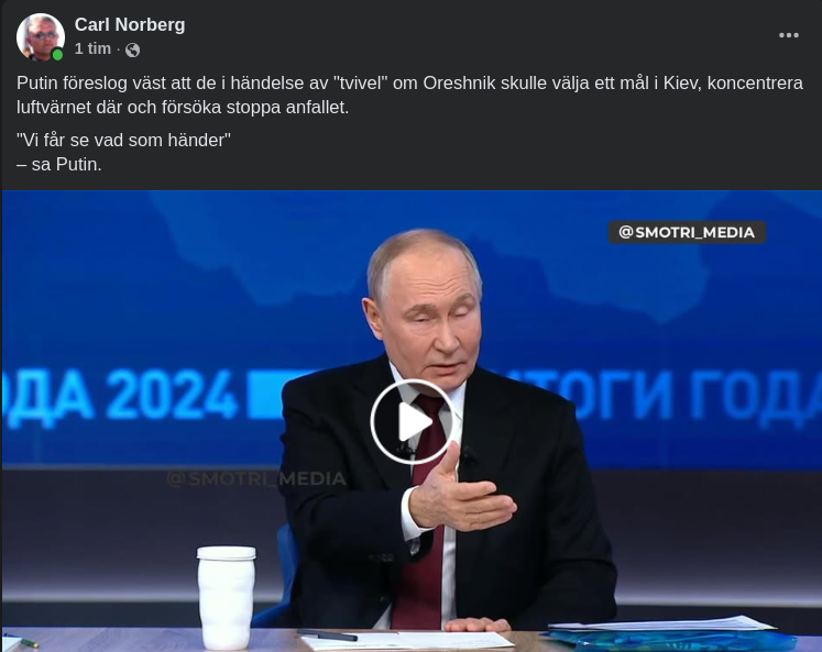 Putin erbjuder Oreshnik-Demonstration