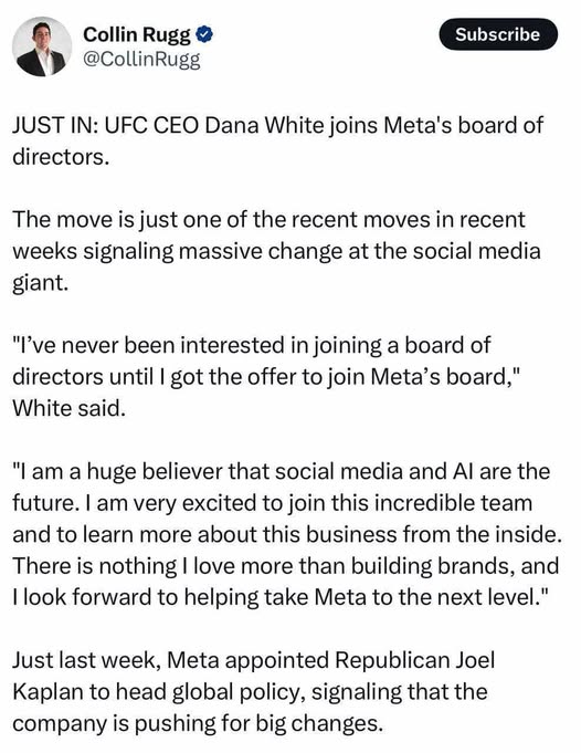 Dana White Tar Plats I Metas Styrlse