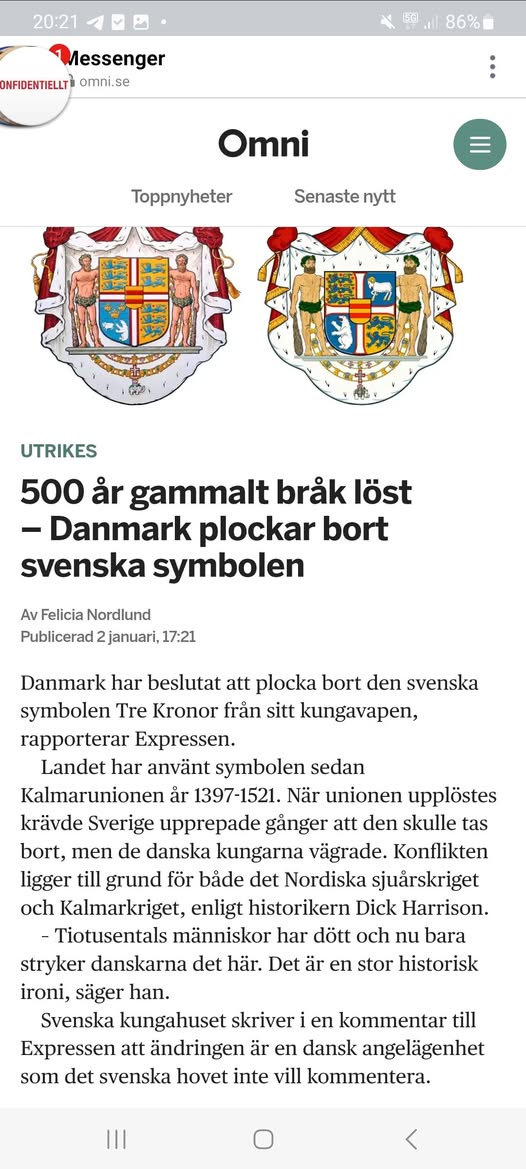 Danmark Tar Bort Sveriges Tre Kronor Från Sitt Kungavapen