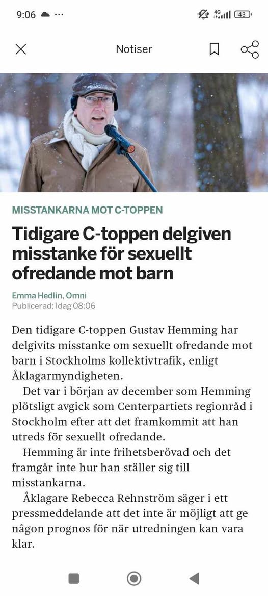Delgivning Av Sexuellt Ofredande Mot Barn För Gustav Hemming (C)