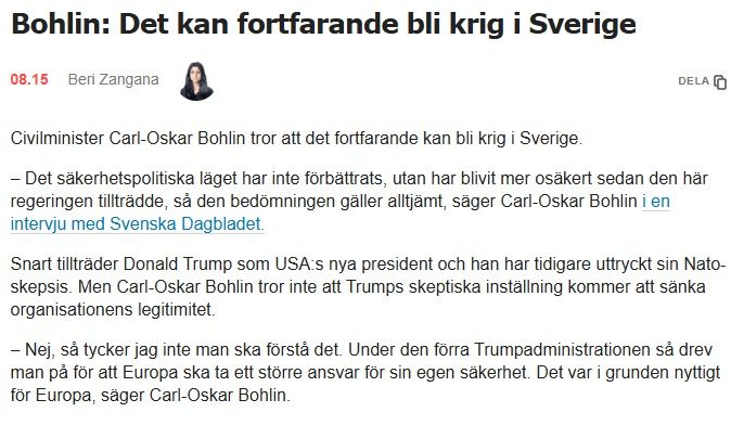 Civilminister Tror Fortfarande På Möjligt Krig I Sverige