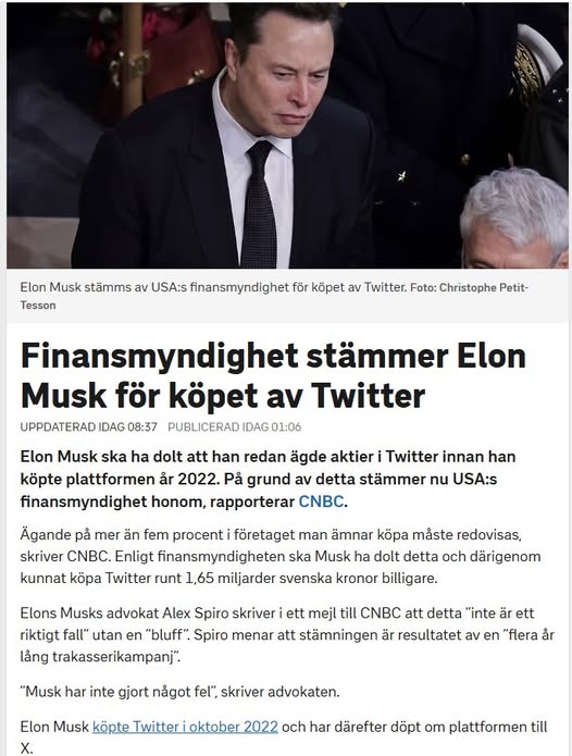 Musk Stämd För Twitterköp Av USA:s Finansmyndighet