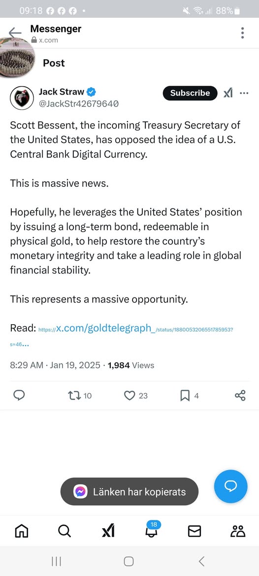 Bessent Negativ Till US-CBDC