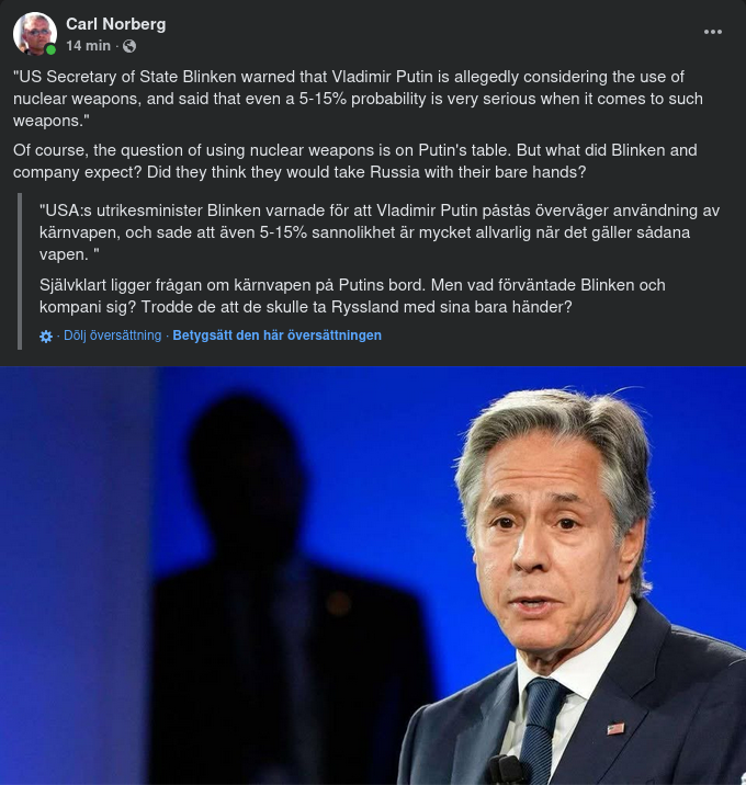 Blinken Varnar För Rysk Kärnvapenanvändningssannolikhet