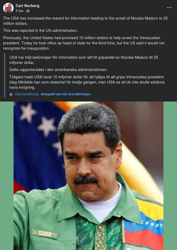 USA Höjer Priset På Maduro