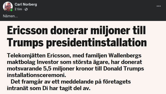 Presidentinstallationsmiljonsdonerande Ericsson