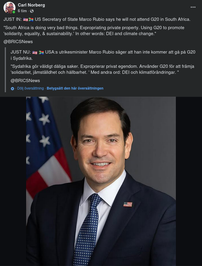 Inget G20 I Sydafrika För Rubio