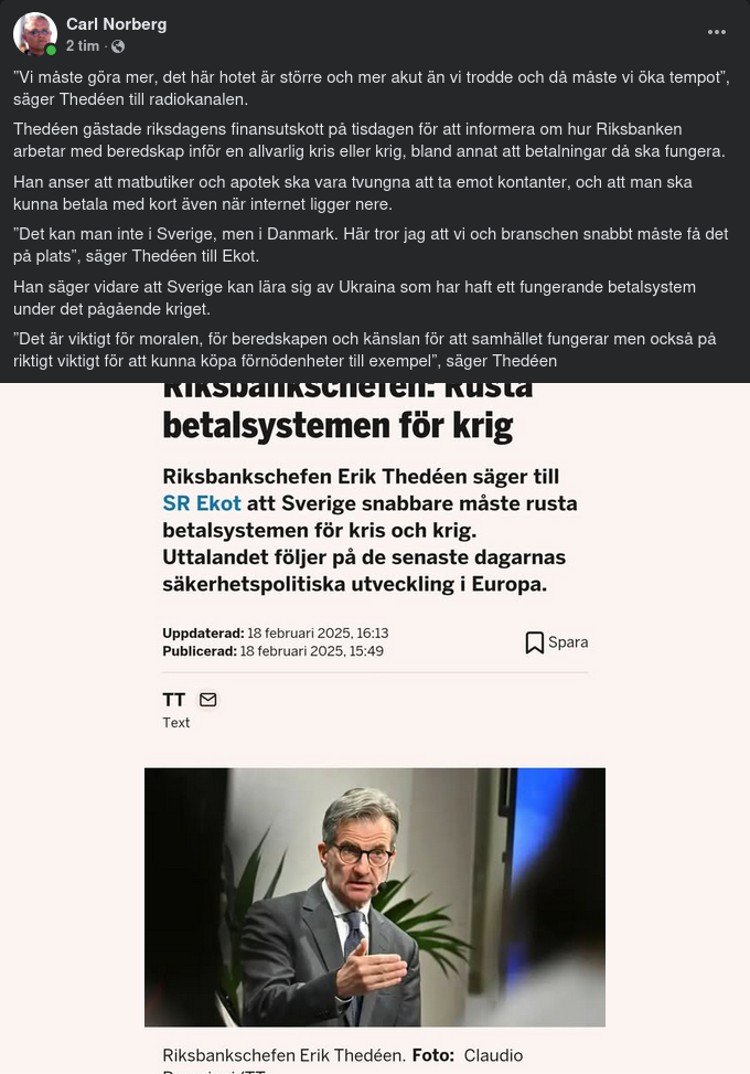 Thedéen: Rusta Betalsystemen För Kris & Krig