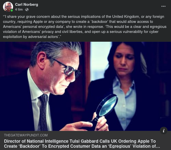 Tulsi, Storbritannien & Apple-Bakdörrar