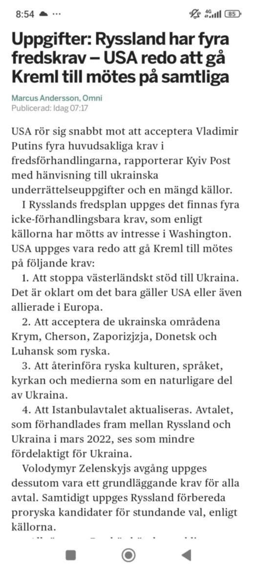 USA Redo Att Gå Kremls Fyra Fredskrav Till Mötes