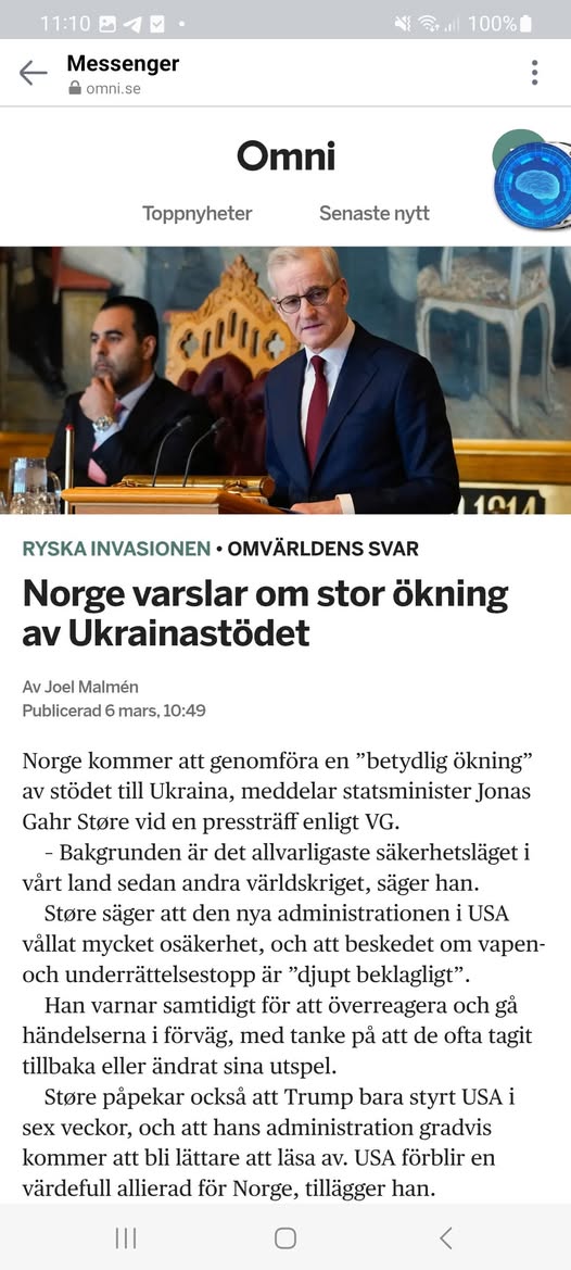 Norge Lovar Öka Ukraina-Stödet Betydligt