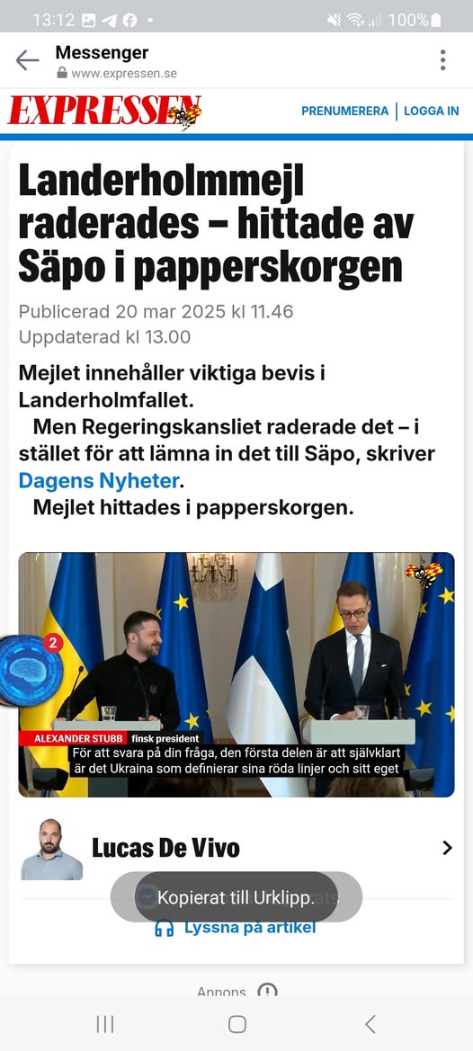 Landerholmmejl Raderat Av Regeringskansliet Funnet Av Säpo I Papperskorgen