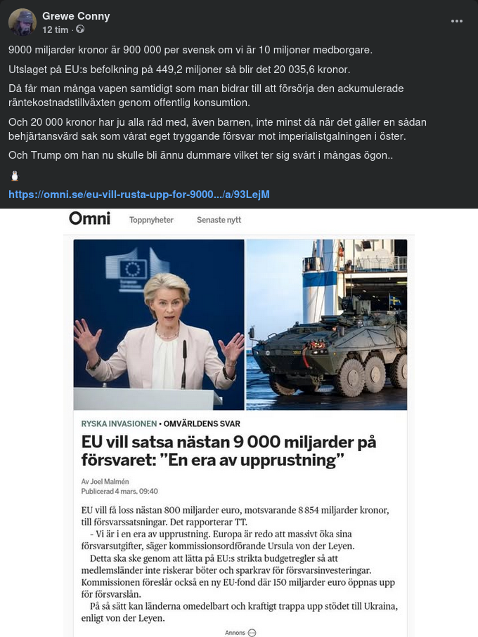 20 000 Kronor X 449 200 000 EU-Medborgare = 9000 000 000 000 Kronor Till Militärt Försvar