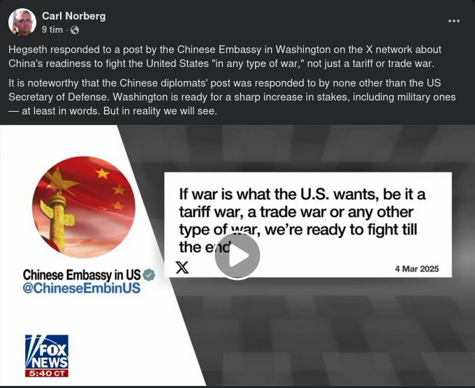 Hegseth-Replik På Kinesisk X-Post