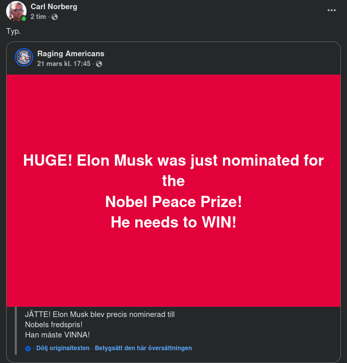 Fredsprisnominerad Musk