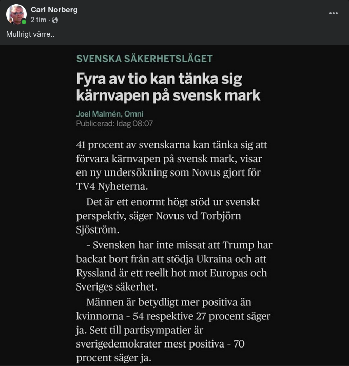 40% Stöder Kärnvapen På Svensk Mark