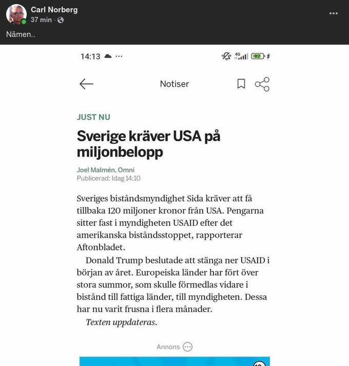 SIDA Kräver Tillbaka 120 Miljoner Från USA