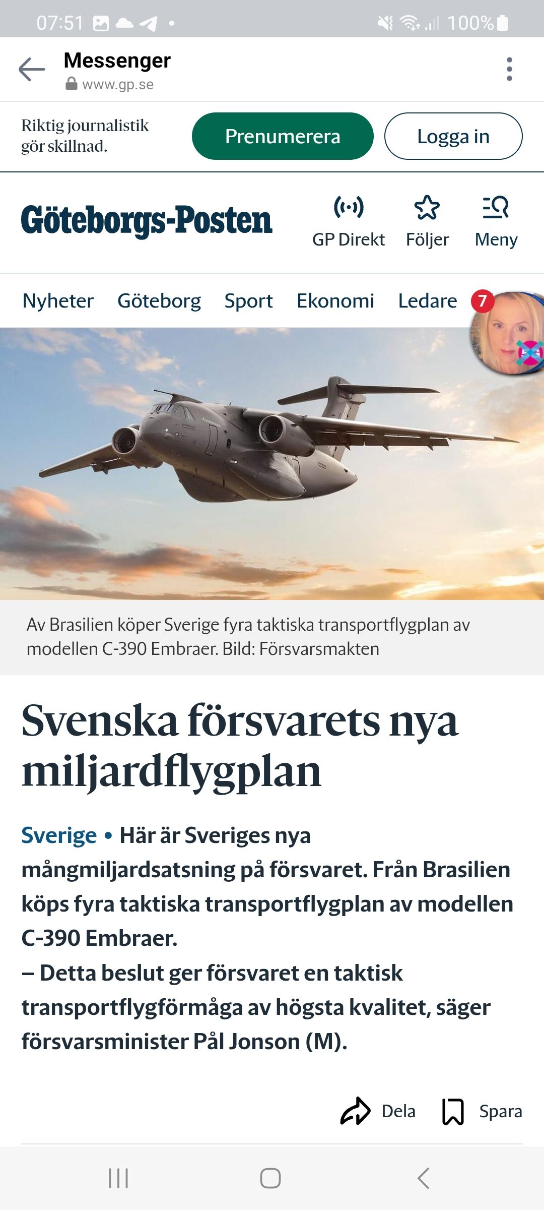 Sverige Köper Fyra Taktiska transportflygplan Från Brasilien