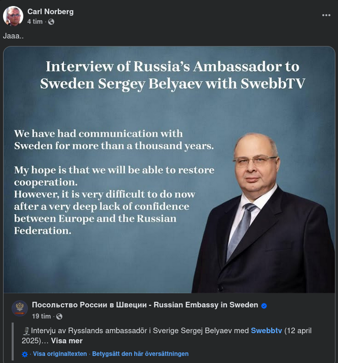 SwebbTV-Intervju Med Rysslands Sverige-Ambassadör Sergej Belyaev