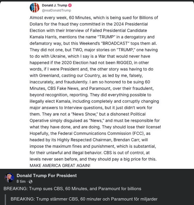 Trump Stämmer CBS, 60 Minutes & Paramount På 60 Miljarder Dollar
