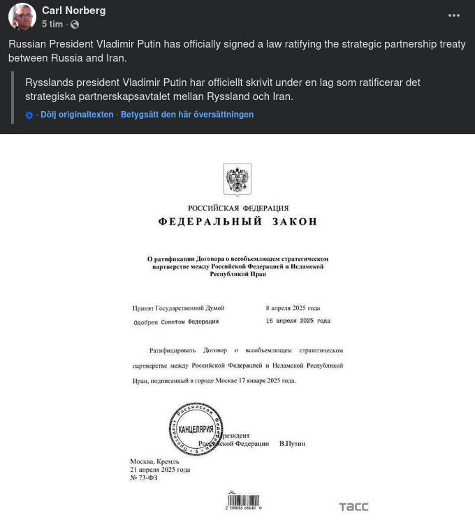 Avtal Mellan Ryssland & Iran Ratificerat Av Putin
